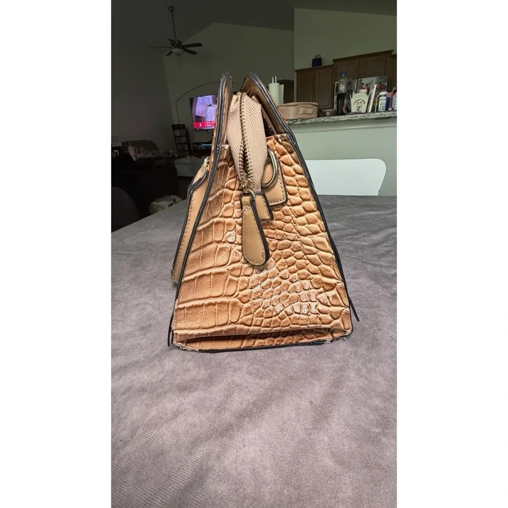 Brown Croc Embossed Structured Satchel Top Handle Handbag Purse Gold Hardware